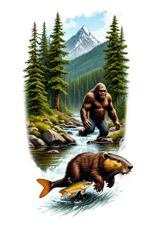 Mountain Forest With Bigfoot With A Stream Flowing To A Beaver Pond With Trout Jumping