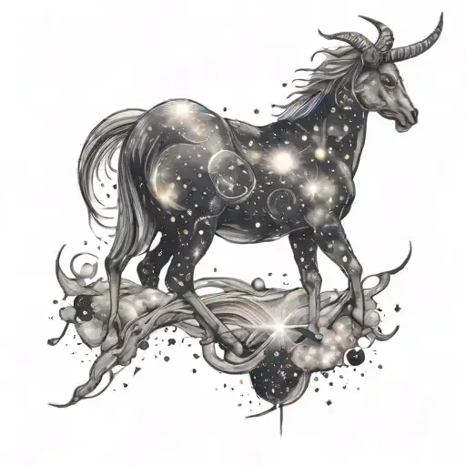 A Cosmic Scene With A Capricorn Constellation Surrounded By Swirling Galaxies And Shooting Stars