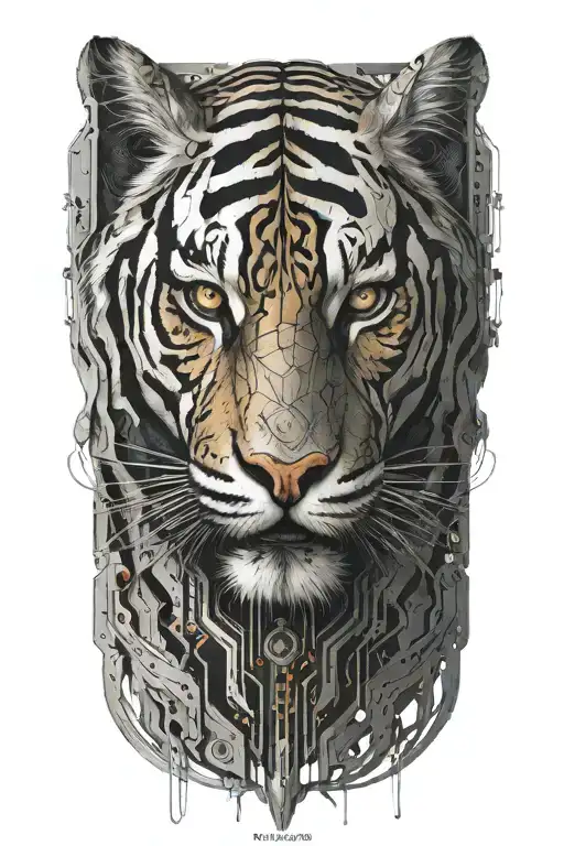 A Futuristic Cyborg Tiger With Circuit Patterns And Neural Connections Integrated Into Its Design
