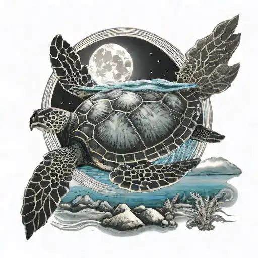 A Sea Turtle Swimming Under A Full Moon In A Serene Ocean Setting