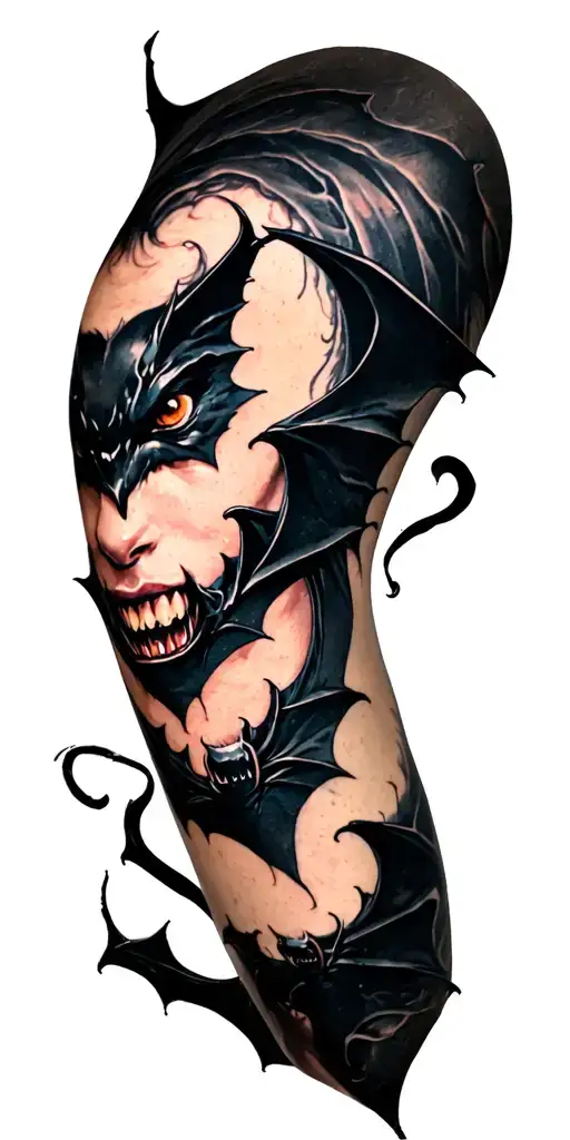 Shoulder Tattoo With Bat Faces And Black Whisps