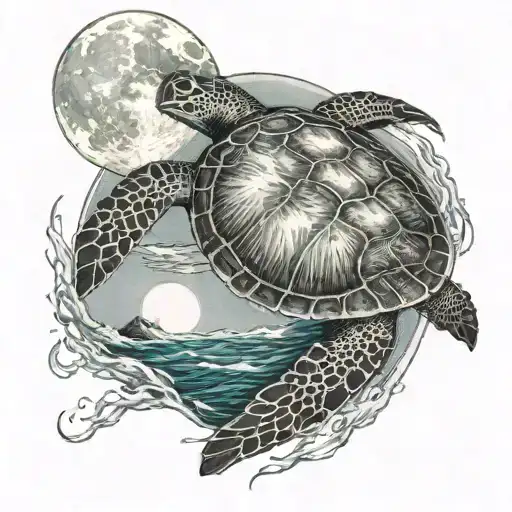 A Sea Turtle Swimming Under A Full Moon In A Serene Ocean Setting