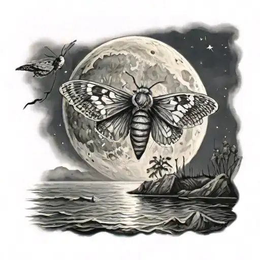A Moth Flying Under A Full Moon In A Serene Ocean Setting