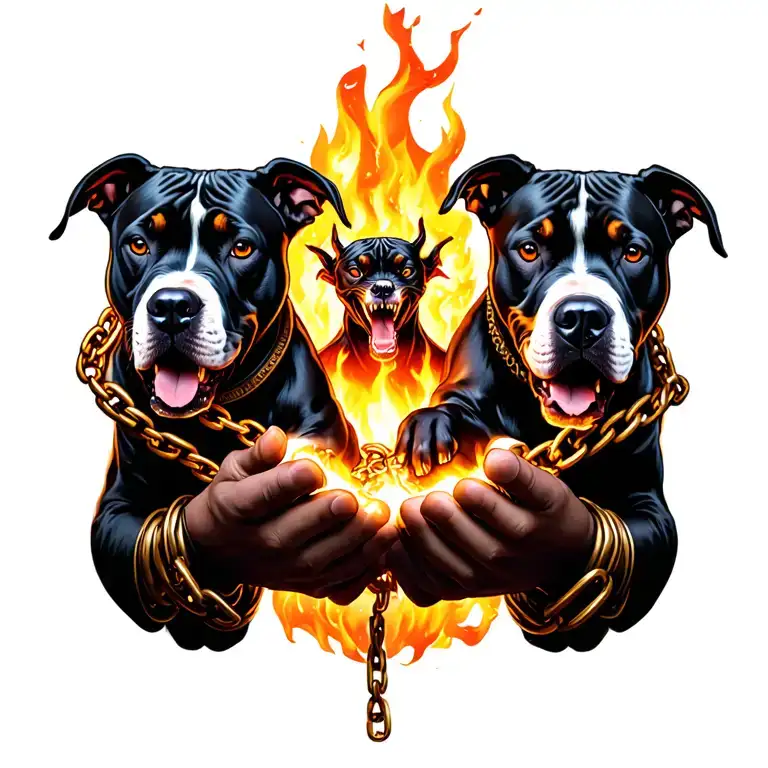 God Hands With Demon In Front Holding 2 Pitbulls On Flaming Chains