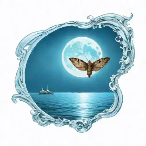 A Moth Flying Under A Full Moon In A Serene Ocean Setting