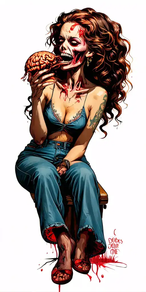 Zombie Pin Up Girl 1950 Eating Man Brains Sitting On A Chevy Truck Big Boobies