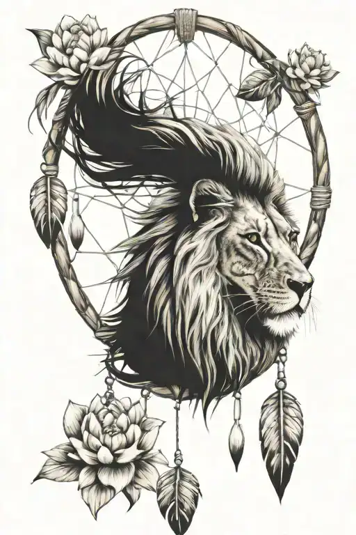 Lion Head With Lotus Flower Inside A Dream Catcher