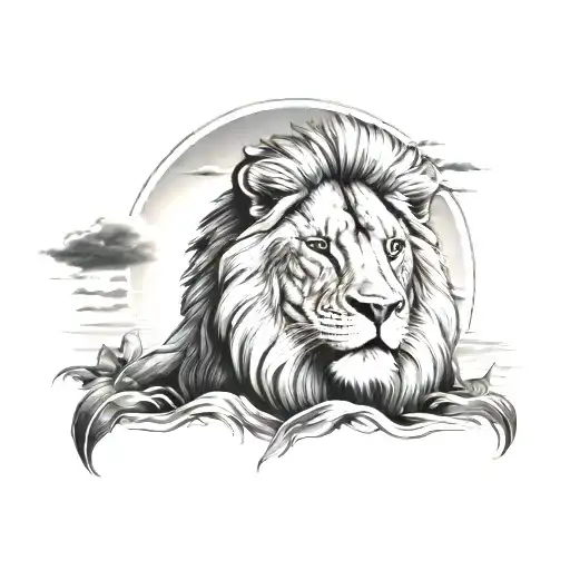 Lion Face And Ray Sun Setting Sun