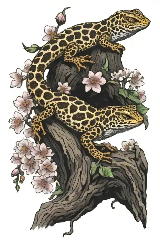 Two Leopard Geckos On A Branch With Cherry Blossoms At Each End