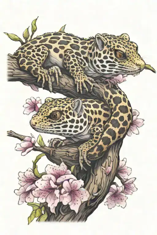 Two Leopard Geckos On A Branch With Cherry Blossoms At Each End