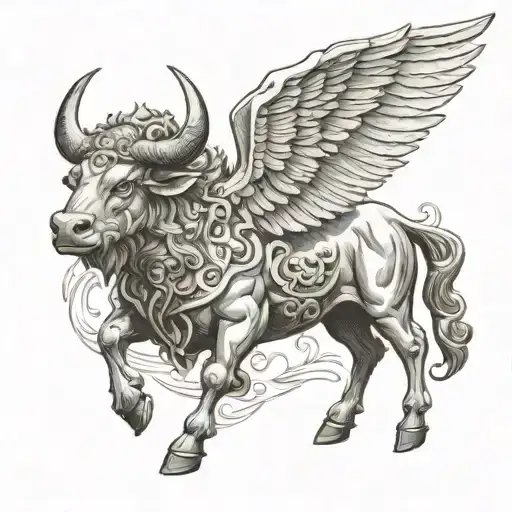 Strong Winged Ox As A Statue Drawing