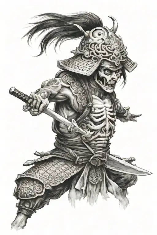 Japanese Warrior Men With Skull Head With Sword With Clearity On Face