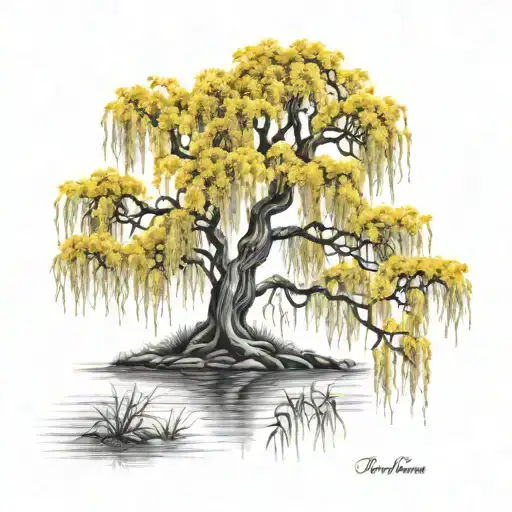 A Single Weeping Willow Tree Surrounded By Yellow Dafodils