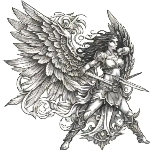 Female Warrior With Wings And Sword Fighting