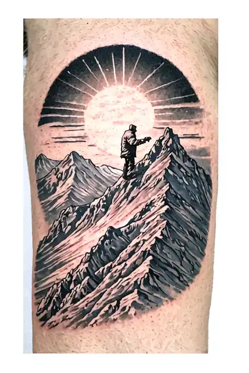 Man Looking At Sun On Top Of Mountain