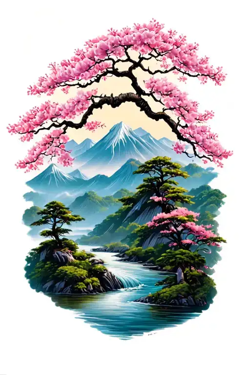 Cherry Blossom Trees With Mountains And River Flowing