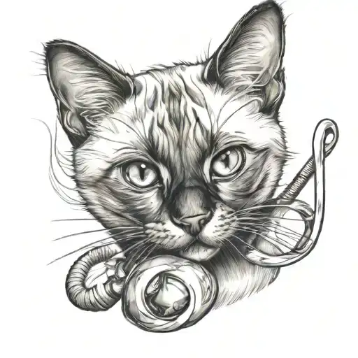 Face Of A Siamese Cat Holding A Hair Pacifier In Its Mouth