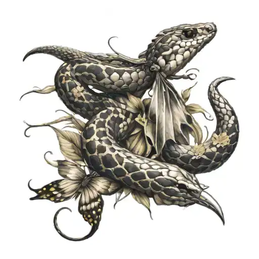 A Small Snake Laying On A Dagger With Butterflies Flying Around