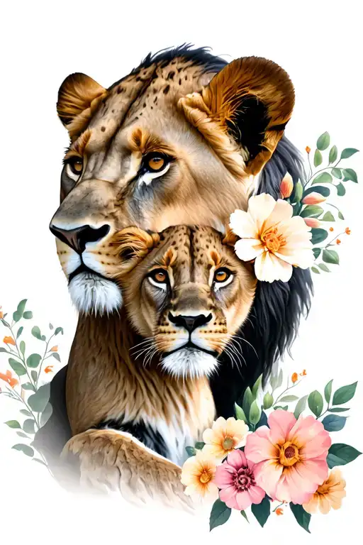 Lioness And Cub With Flowers Surrounding