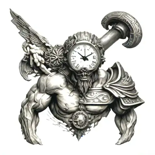Arm Tattoo With A Greek God And A Skull-shaped Clock