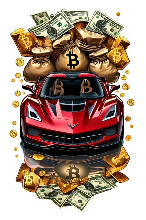 Corvette Emblem Surrounded By Bitcoin Symbols With Money Bags