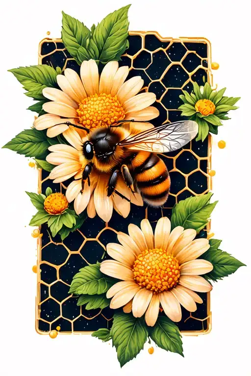 Bee With Flowers Surrounded By Honeycomb Pattern