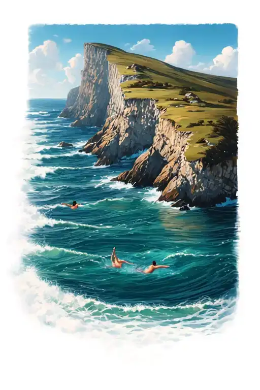 Cliff Top With Sea Underneath And 2 Swimmers