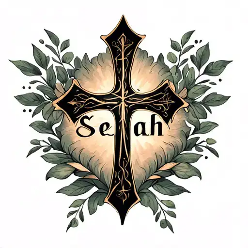 Cross With The Word Selah In Cursive Integrated Into The Structure Of The Cross
