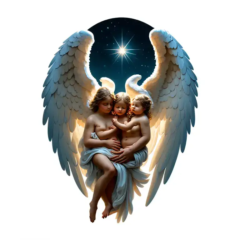 Guardian Angel Holding Two Babies Huge Detailed Angel Wing