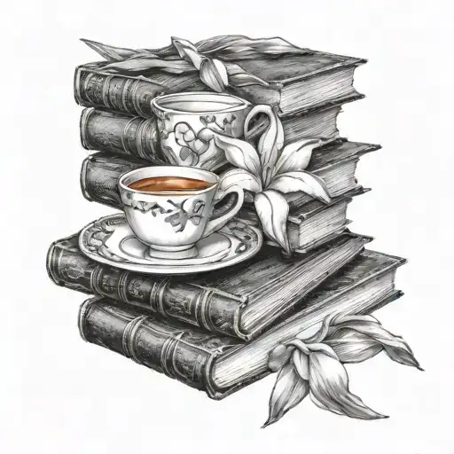 Stack Of Books With Tea Cup Surrounded By Gladiolus