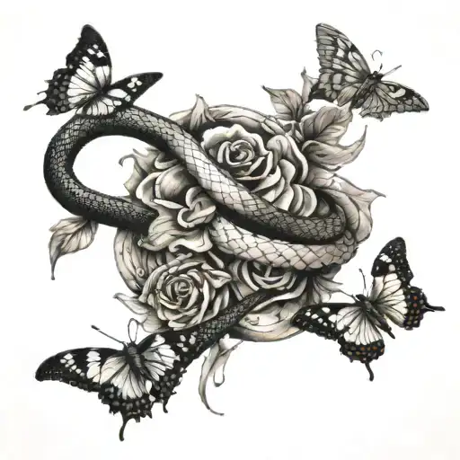 A Small Snake Wrapped Around A Dagger With Butterflies Flying Around