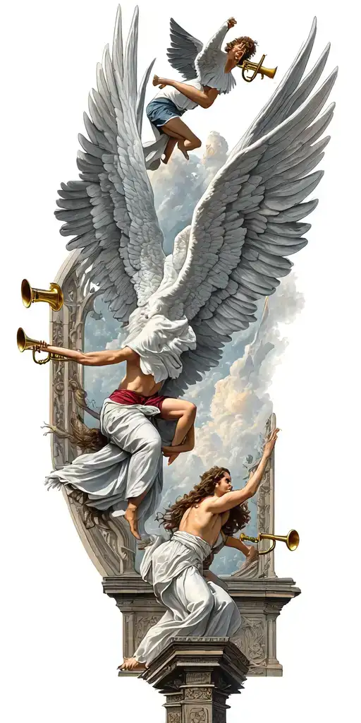 Angels Fighting Demons Flying With Open Wings And Heavens Gates In Background And Trumpets Playing