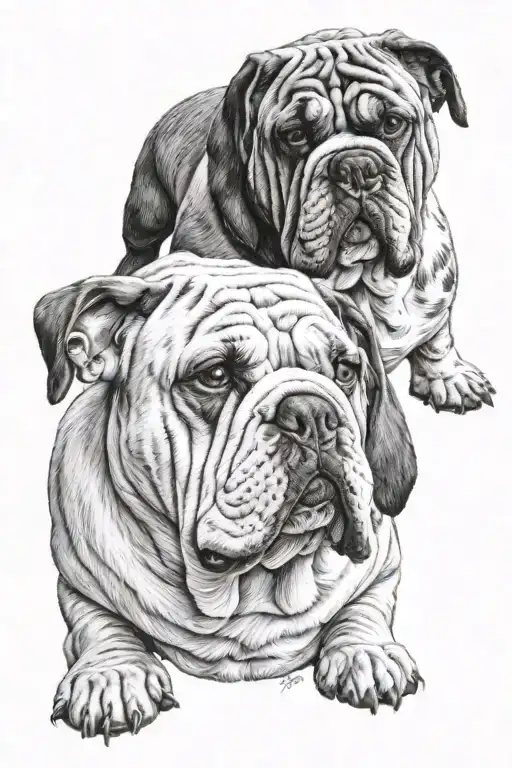 Bulldog Ingles Y Basset Hound Dog Sitting Side By Side