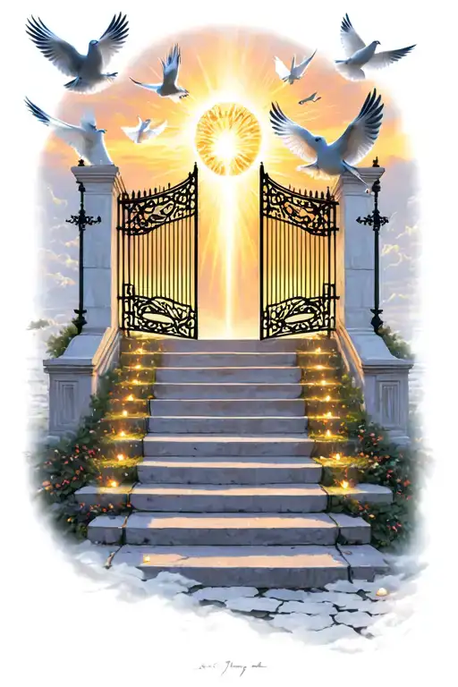 Stairway To Heaven Gates Doves Flying And Lights