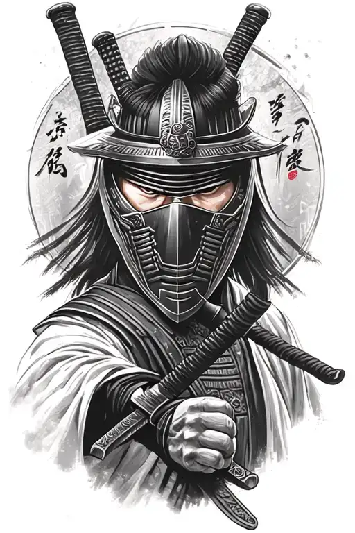 Samurai With Katana In Mask Black And White Tattoo Sketch Simple
