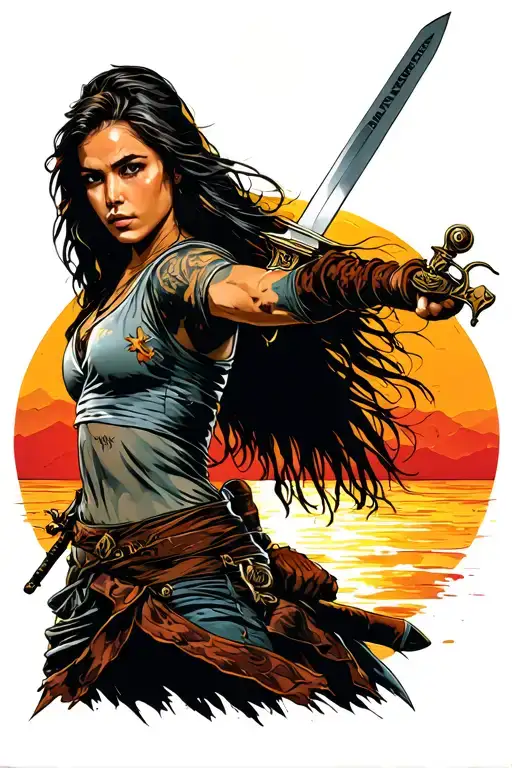 Woman Fighter With Sword And Sunset