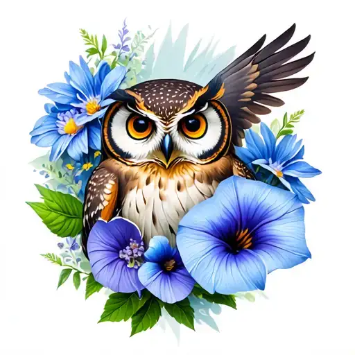 Owl Holding Morning Glory And Aster Flowers