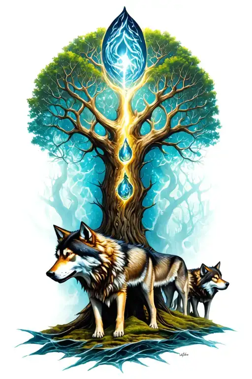 Yggdrasil With 2 Wolves Beside It
