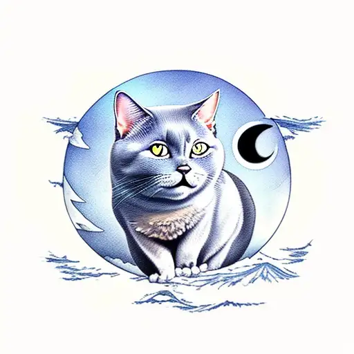 Fat Gray Cat Walking Forward On Blue Water Looking Up At The Moon