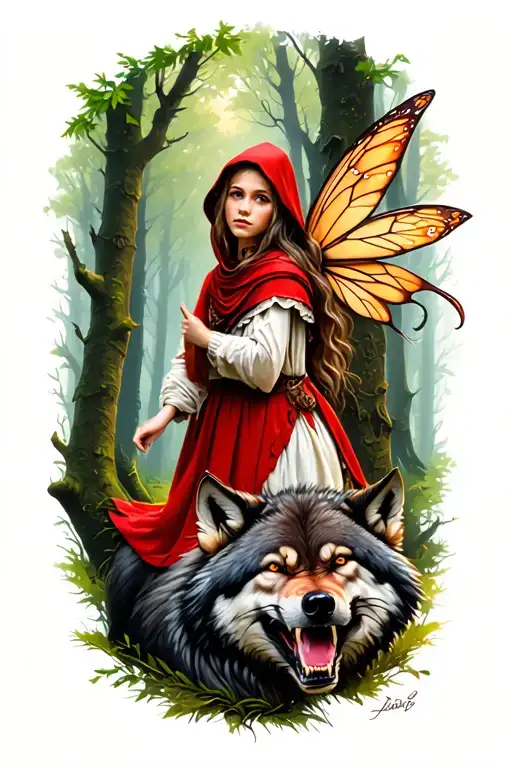 Little Red Riding Hood As A Fairy In Woods With Snarling Wolf In Trees