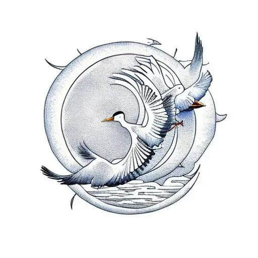 Two Japanese Cranes Moon And Sun