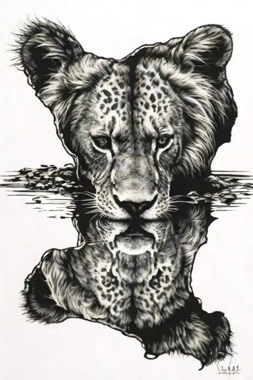 Lion Looking Into A Puddle Seeing A Reflection On A Younger Version Of Him Self