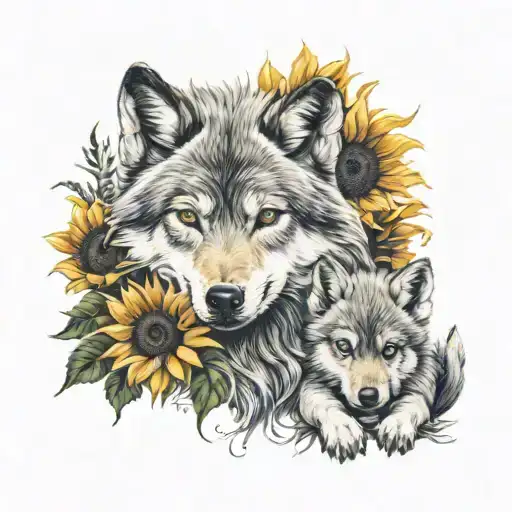 Wolf Sunflowers And Two Baby Pups
