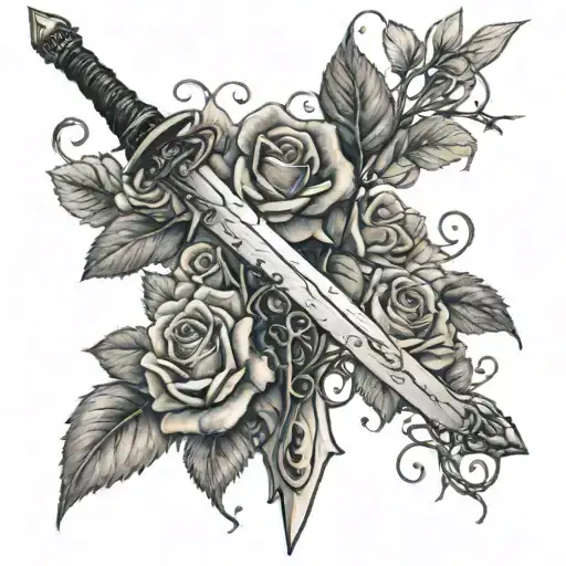 Long Sword In Front Of Vines And Roses Intertwined