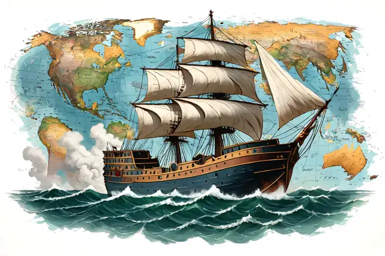 Ship Fading Into Smoke Forming Coiled Rope On A Nautical Map