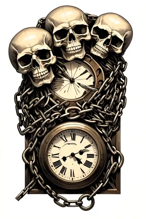 Skulls Wrapped In Chains And A Broken Clock With Hand Cuffs