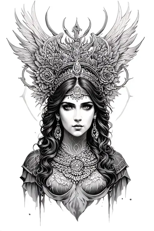 The Goddess Temida In A Dark Style With A Large Discovered Neckline