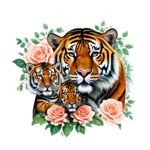Tiger And Cubs Intertwined With Roses