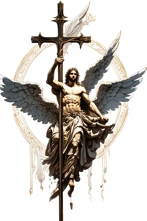 Archangel With Spear Pointing Down And A Cross Behind
