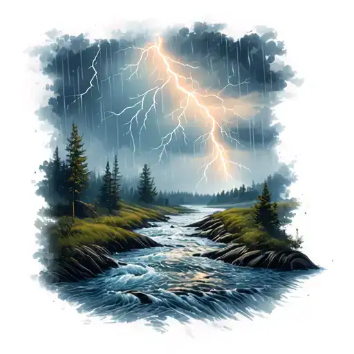 A River With Rain And A Lightening Storm On The Back